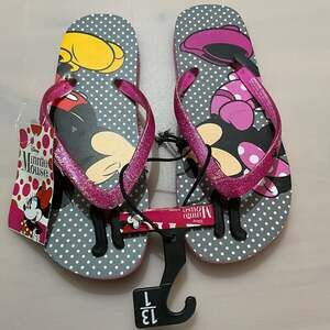 Disney Minnie Mouse Polka Dot Flip Flops, Pink Glitter Straps, Size 13/1